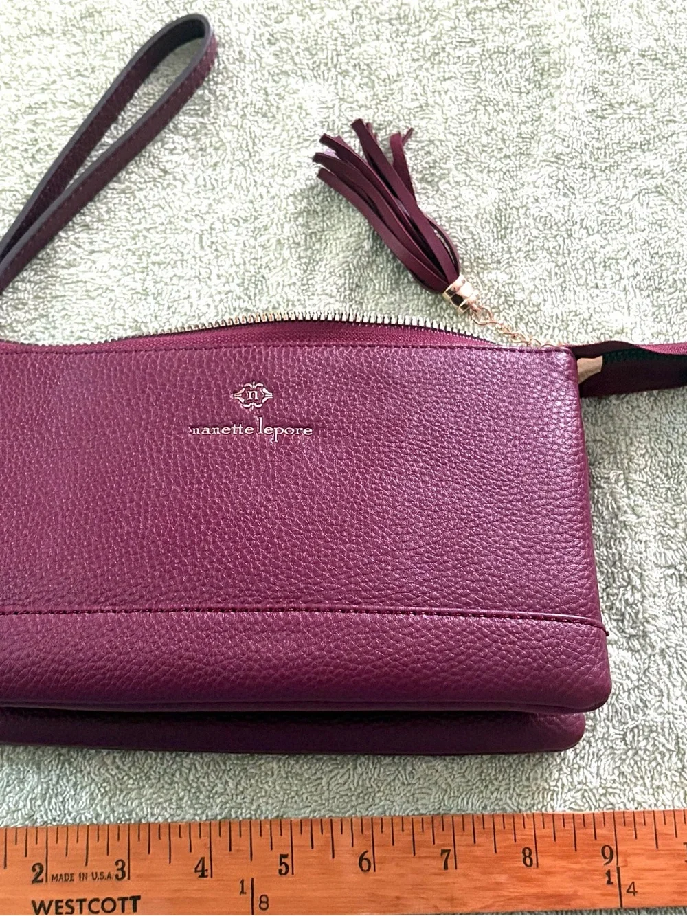Nanette Lepore Wine Pebbled Leather Wristlet with Gold Hardware